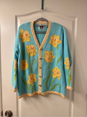 Storybook Knits Daffodil Embroidery Cardigan with pressed floral resin buttons